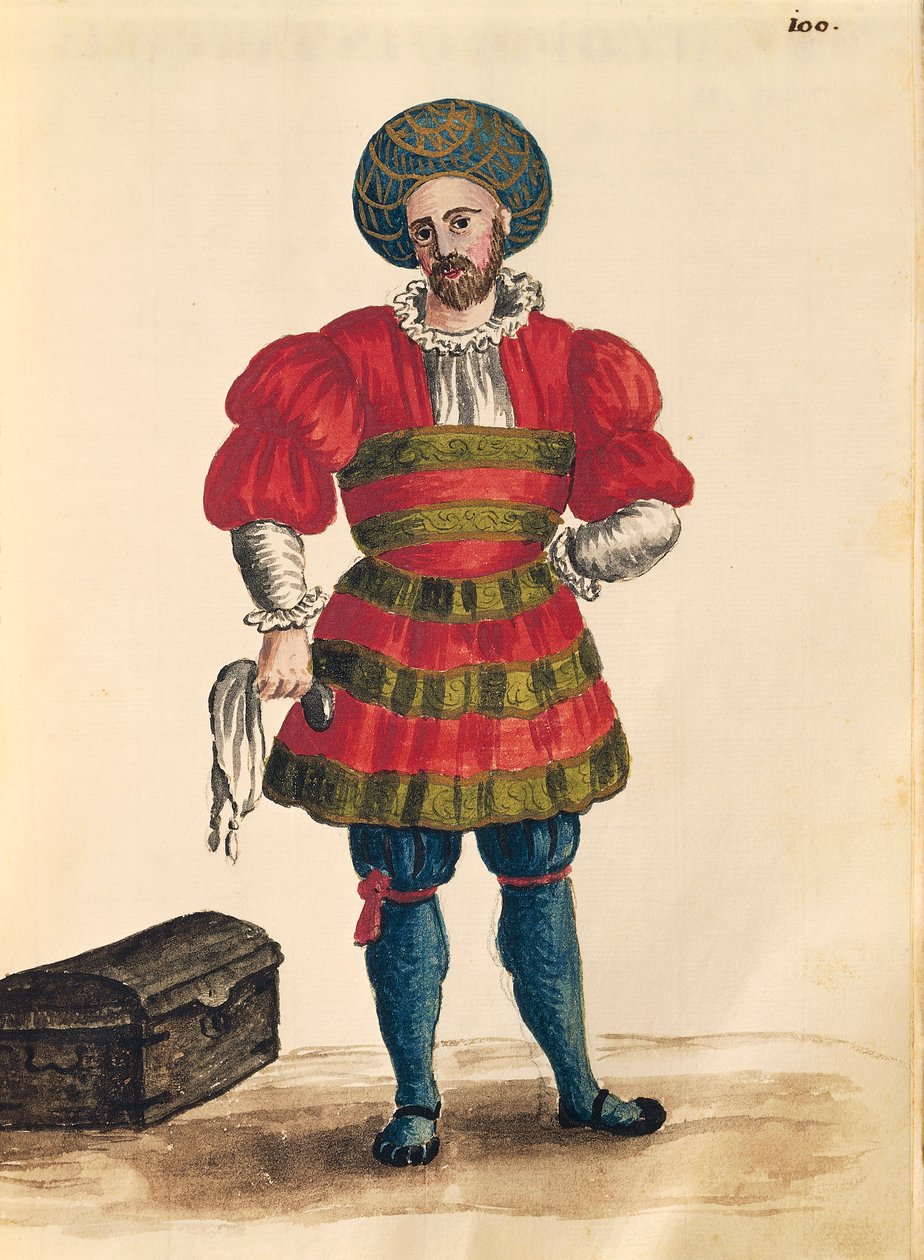 威尼斯服装：威尼斯旅行者，由Jan van Grevenbroeck或Giovanni Grevembroch（1731-1807）创作，Gli Abiti de Veneziani，来自服装图鉴，水彩。 作者 扬·范·格雷文布罗克