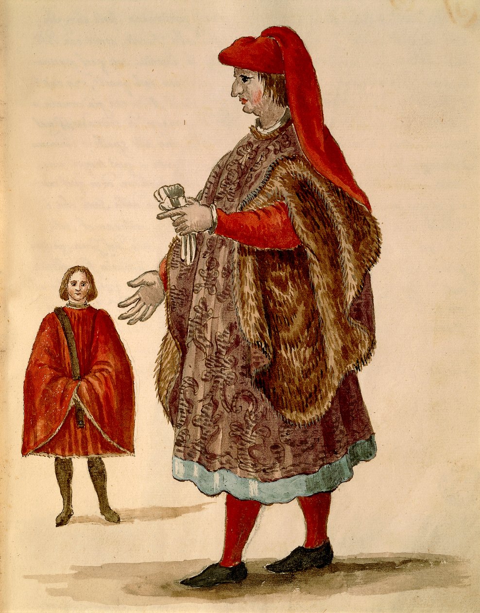 威尼斯参议员穿着 "Dogalina"，宽袖的正式长袍，由Jan van Grevenbroeck或Giovanni Grevembroch（1731-1807）创作，Gli Abiti de Veneziani，来自服装图鉴，水彩。 作者 扬·范·格雷文布罗克