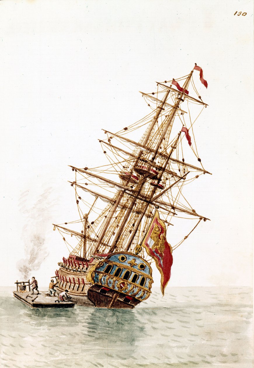威尼斯船在船体中被击落需要修理。 Jan van Grevenbroeck（或 Giovanni Grevembroch (Grevenbroch)（1731-1807））手稿“威尼斯人的习俗”中的水彩画和墨水 作者 扬·范·格雷文布罗克