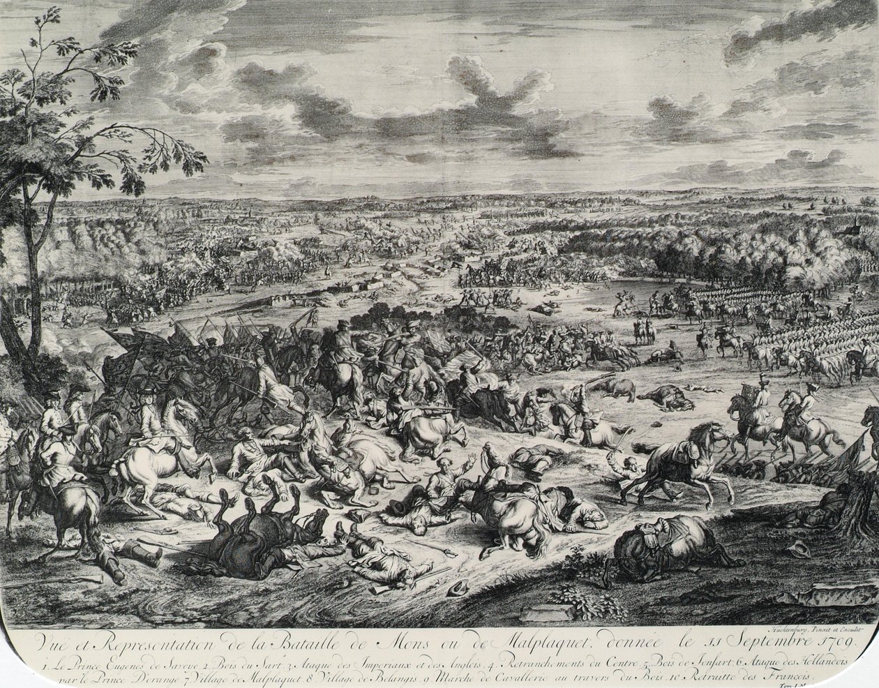 战斗场景选自Dumont et Rousset，Histoire militaire du Prince Eugene（1663-1736 年），八幅版画系列 作者 扬·范·赫赫滕伯格