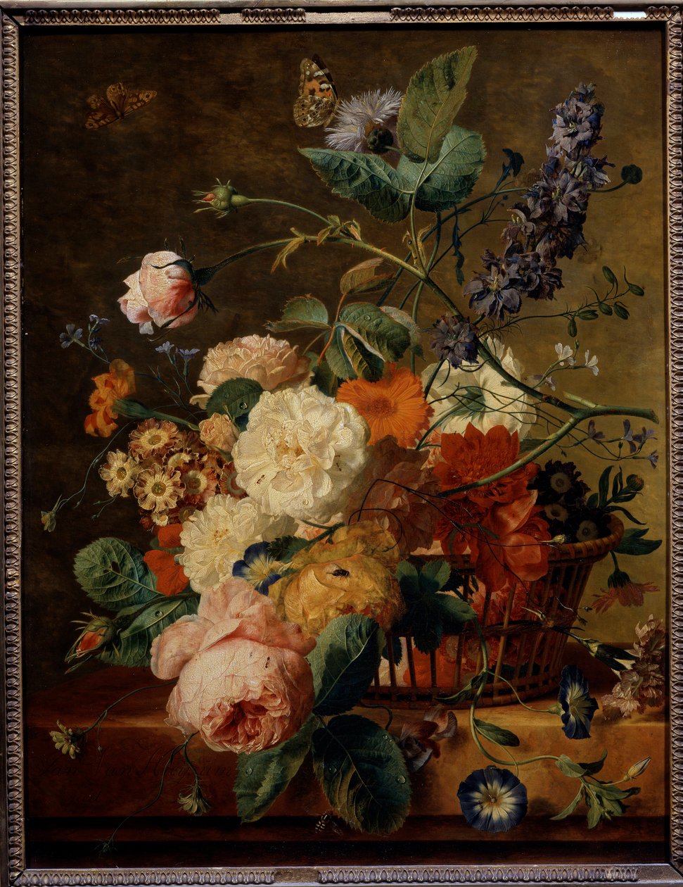 与蝴蝶的花篮。 Jan Van Huysum (1682-1749) Ec. 的绘画 霍尔。 作者 扬·范·休森（Jan van Huysum）