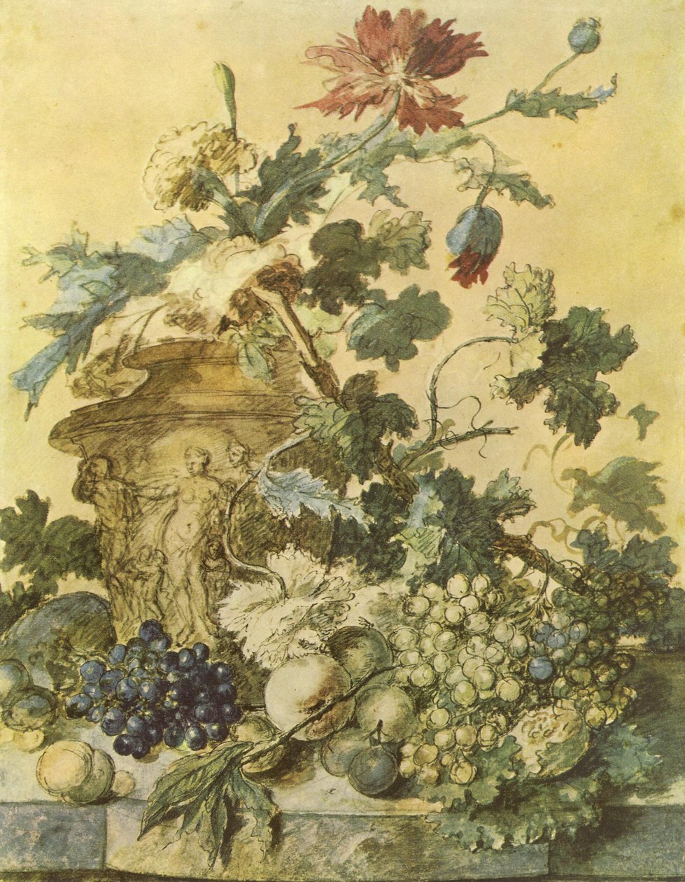 瓮中的鲜花，基座上装饰着人物和水果 作者 扬·范·休森（Jan van Huysum）