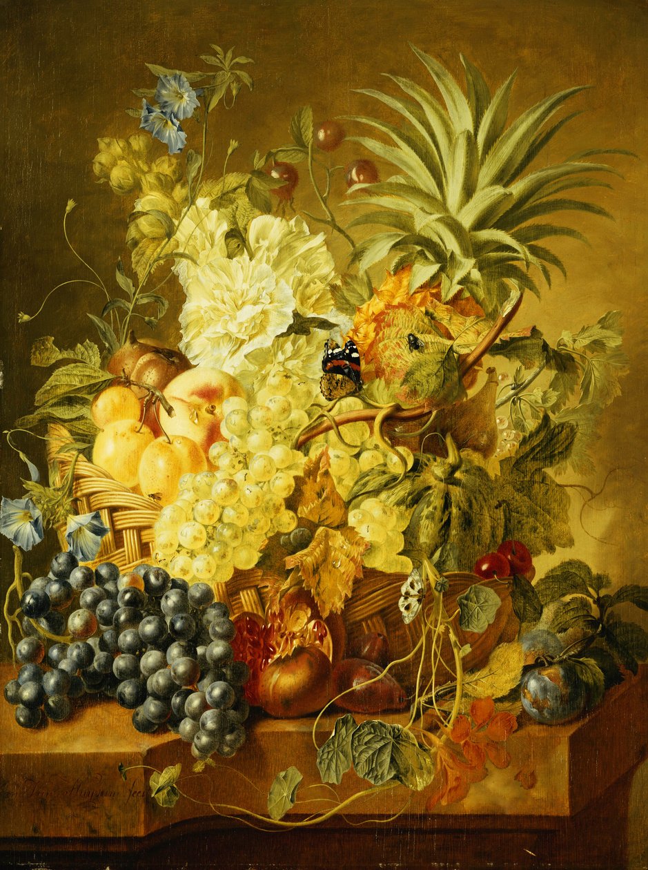李子，桃子，葡萄，甜瓜，菠萝，无花果，无核小葡萄干，樱桃和篮子里的花，葡萄，石榴，李子和无花果，蝴蝶在石壁 作者 扬·范·休森（Jan van Huysum）