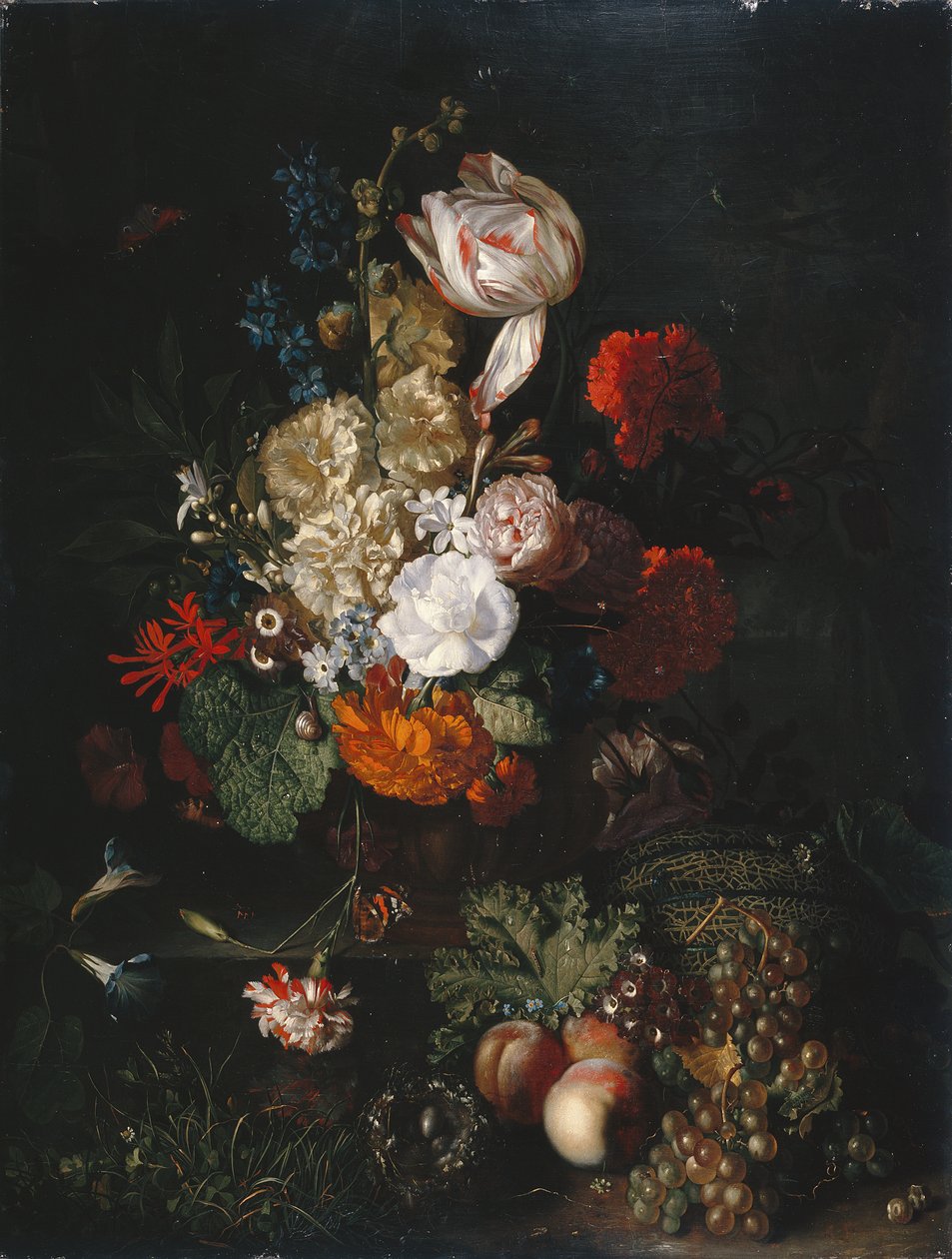 静物：花朵和水果，c.1700-20（面板油画） 作者 扬·范·休森（Jan van Huysum）