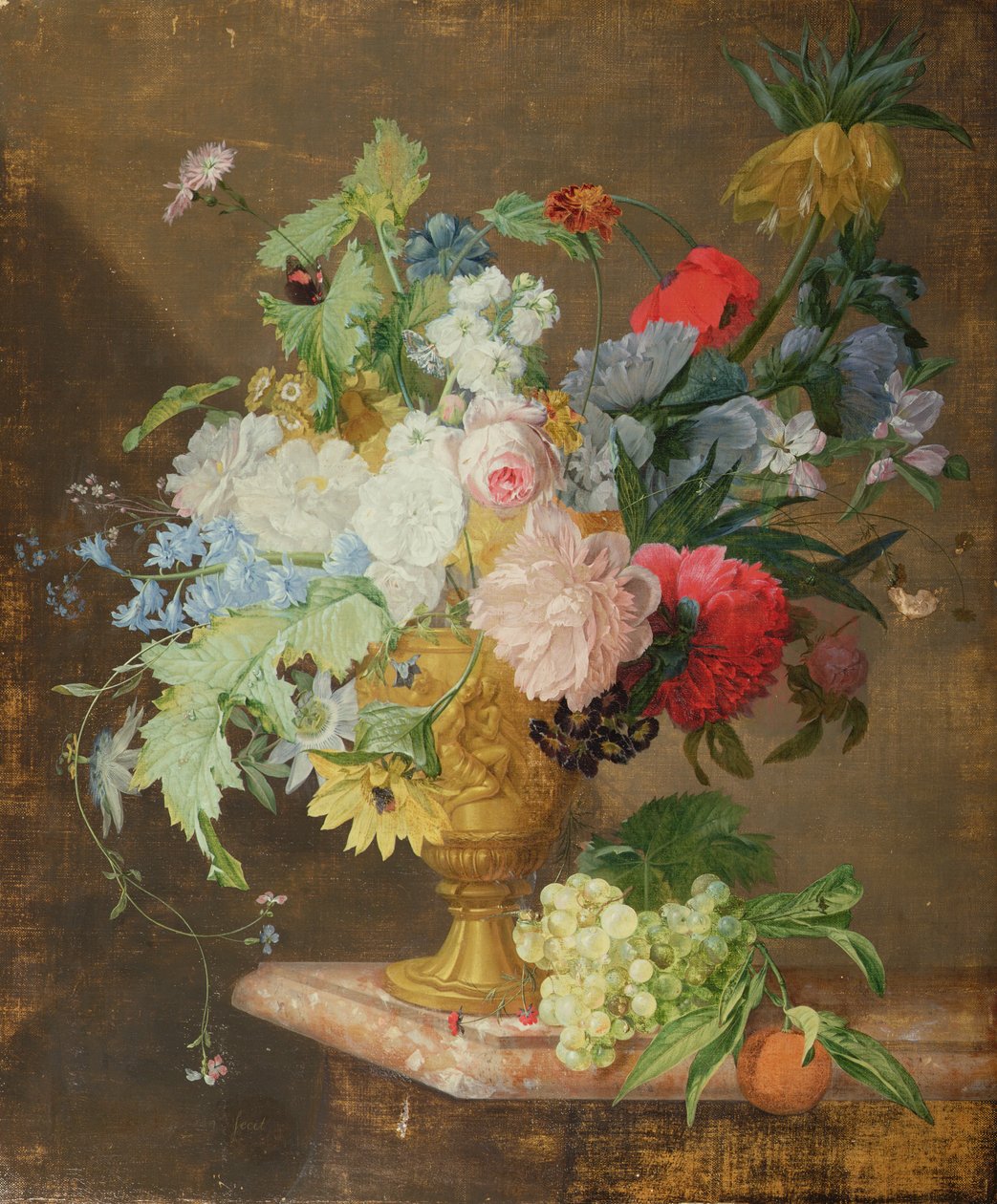 花静物画在一个金黄花瓶的在大理石壁架 作者 扬·范·休森（Jan van Huysum）