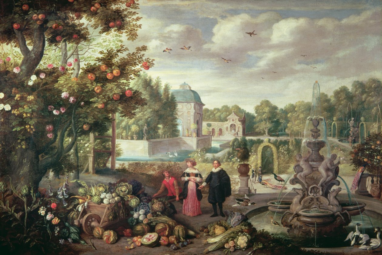 与喷泉的庭院场面 作者 扬·范·凯塞尔（Jan van Kessel）
