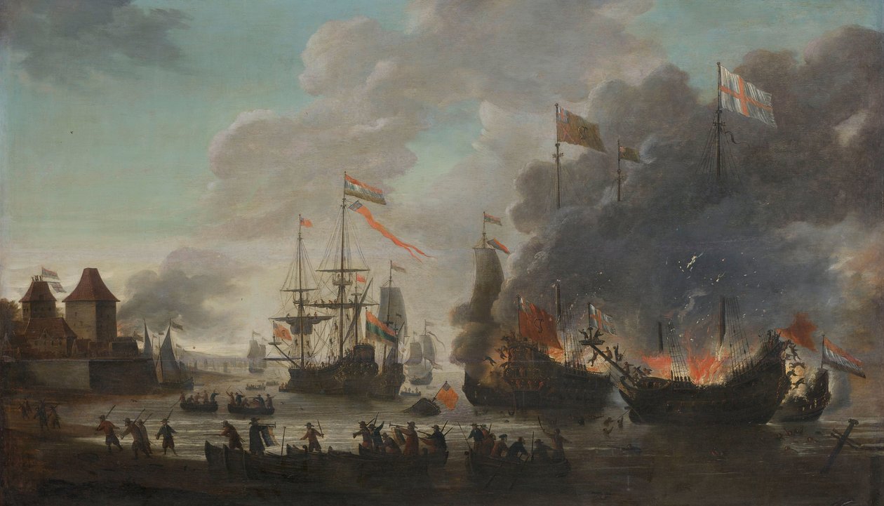1667 年 6 月 20 日，荷兰人袭击梅德韦河期间，荷兰人焚烧英国船只 作者 扬·范·莱登（Jan van Leyden）