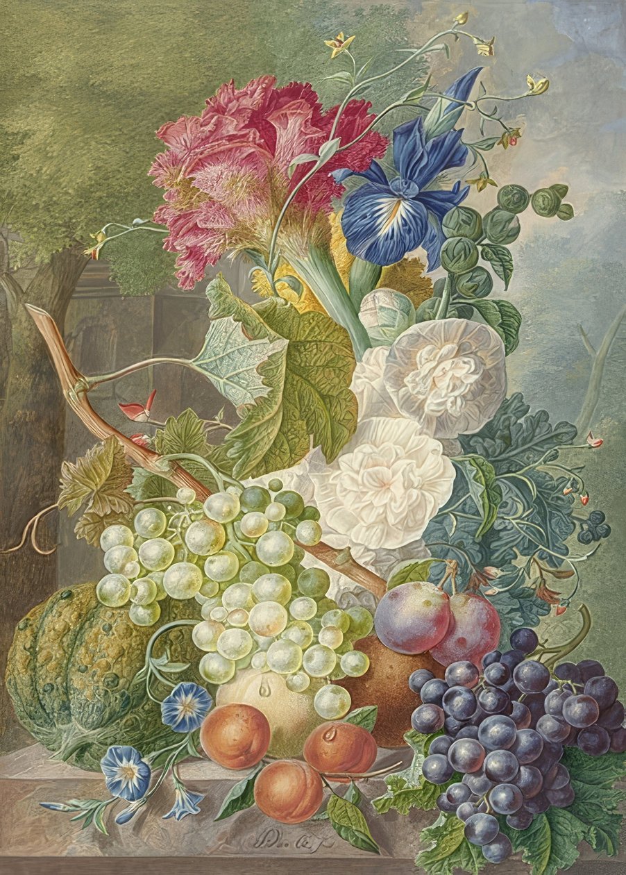用鲜花和水果静物。约于1775-1800年 作者 扬·范·奥斯