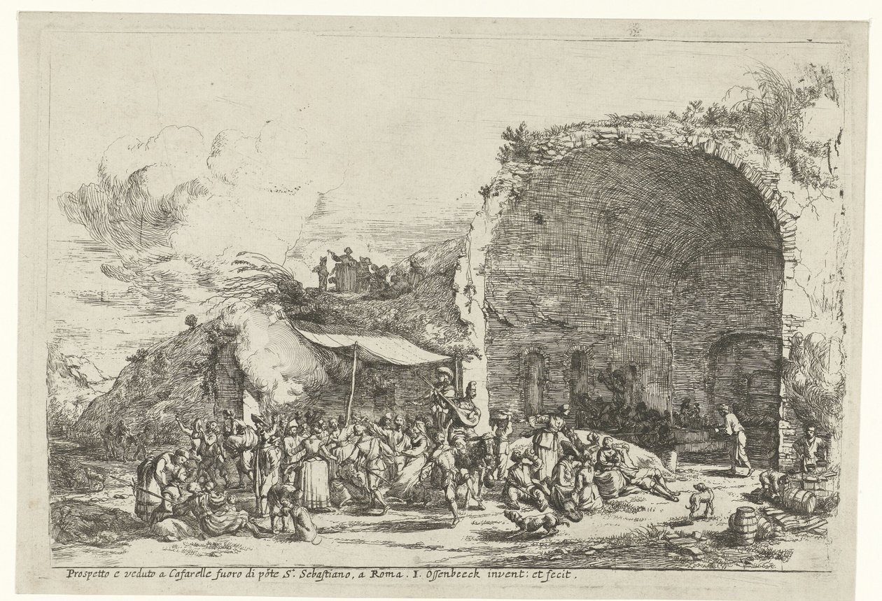 仙女埃吉莉娅洞穴遗址的庆典活动
Prospetto e veduto a Cafarelle fuoro di porte S. Sebastiano, a Roma（标题见实物） 作者 扬·范·奥森贝克