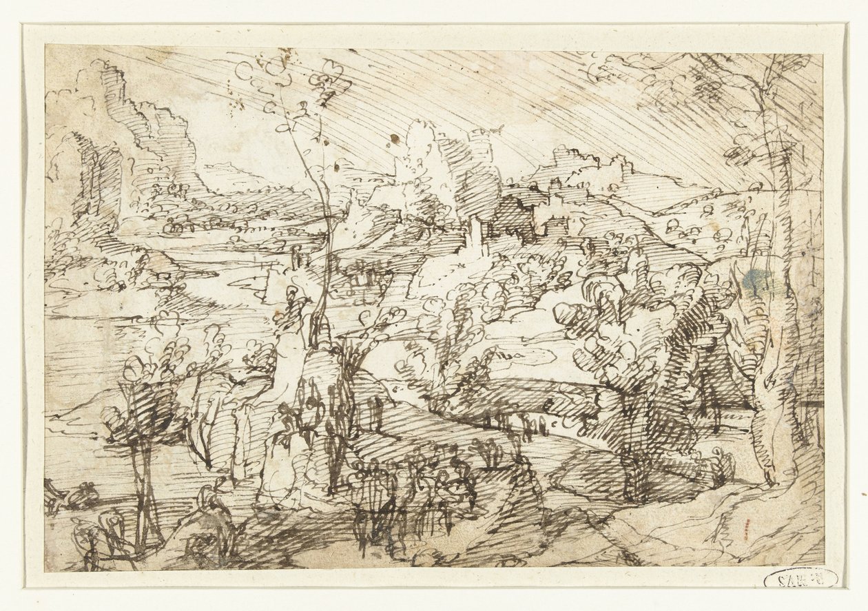 有岩石、人物和帆船的风景画 作者 Jan van Scorel（归因于）