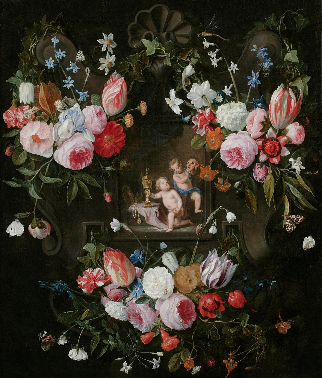 花花公子的静物画围绕着与昂贵的物体和面具的Putti的寓言形象，1648年 作者 扬·范和巴伦，亨德里克·范·凯塞尔