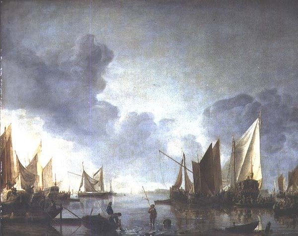 风平浪静，一位政要在一艘国营驳船上预示着，前景是渔民。 作者 Jan van de Capelle或Cappelle