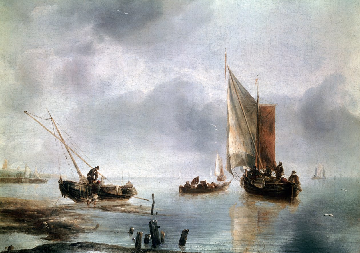一艘小船在轻风中，另一艘在岸上，约1650-1660年，由Jan van de Cappelle（1624-约1679）创作，布面油画，34，8x48 作者 Jan van de Capelle或Cappelle