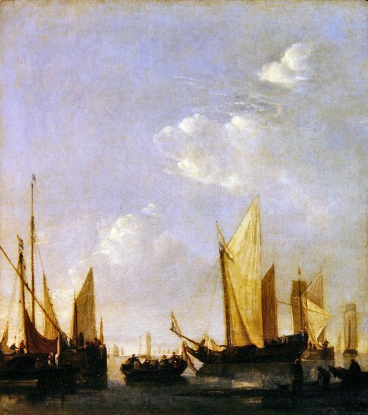 停泊在平静海面上的船只，约 1650 年（油画板） 作者 Jan van de Capelle或Cappelle