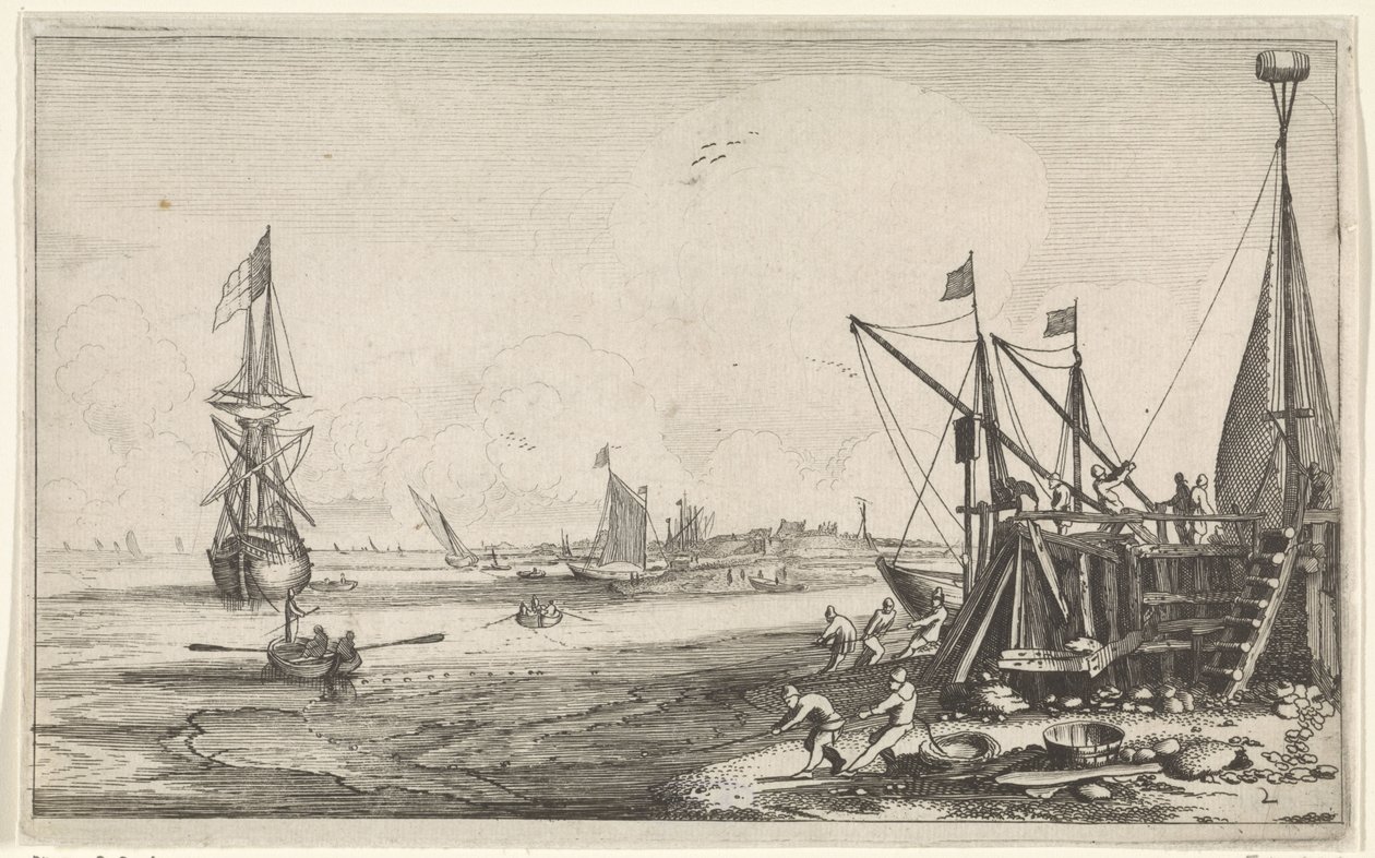 Havenhoofd met vissers die hun netten binnenhalen Zeegezichten (series title) 作者 扬·范德维尔德 (II)