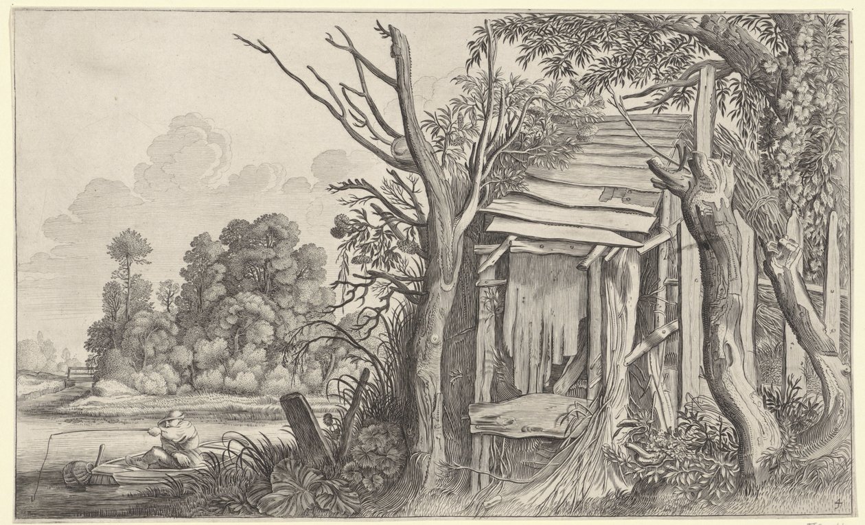 风景中一座破旧小屋附近的钓鱼者 Pieter de Molijn 之后的风景（系列标题） 作者 扬·范德维尔德 (II)