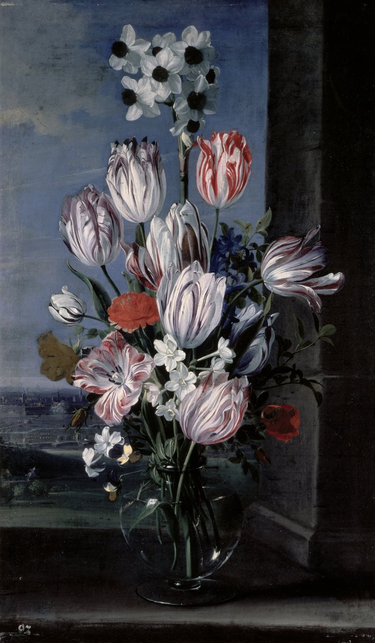 鲜花在水晶花瓶中，1652年 作者 扬·范·登·赫克