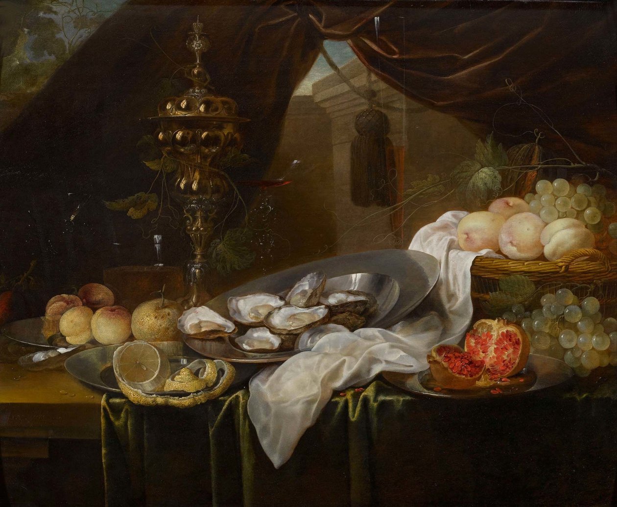 有金杯、Façon de Venise 玻璃器皿、水果和牡蛎的静物画 作者 扬·范·登·赫克