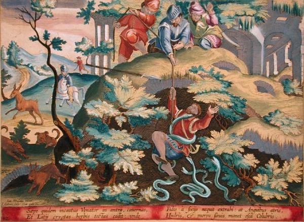 从蛇坑中救出的猎人，图版41 "Venationes Ferarum, Avium, Piscium"（关于狩猎：野兽、鸟类、鱼类），由Jan Collaert（1566-1628）雕刻，阿姆斯特丹的Phillipus Gallaeus出版（手工彩色雕刻）。 作者 扬·范德·斯特雷特