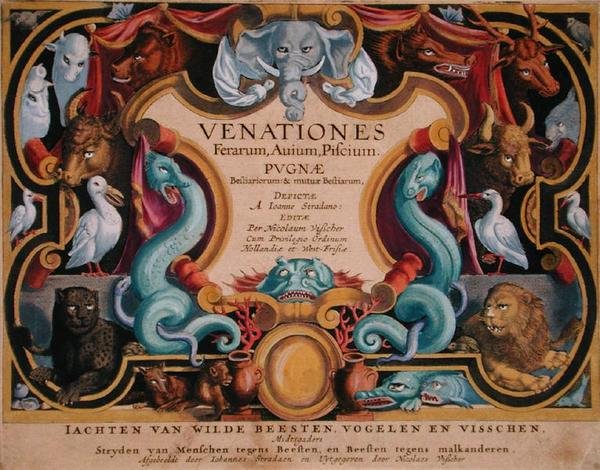 Jan Collaert (1566-1628)雕刻的《Venationes Ferarum, Avium, Piscium》（关于狩猎：野兽、鸟类、鱼类）的扉页，由阿姆斯特丹的Phillipus Gallaeus出版（手绘版画）。 作者 扬·范德·斯特雷特