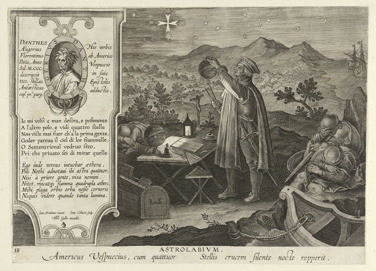 Amerigo Vespucci 用星盘发现南十字星，来自 Nova Reperta，酒吧。 1600（雕刻） 作者 扬·范德·斯特雷特