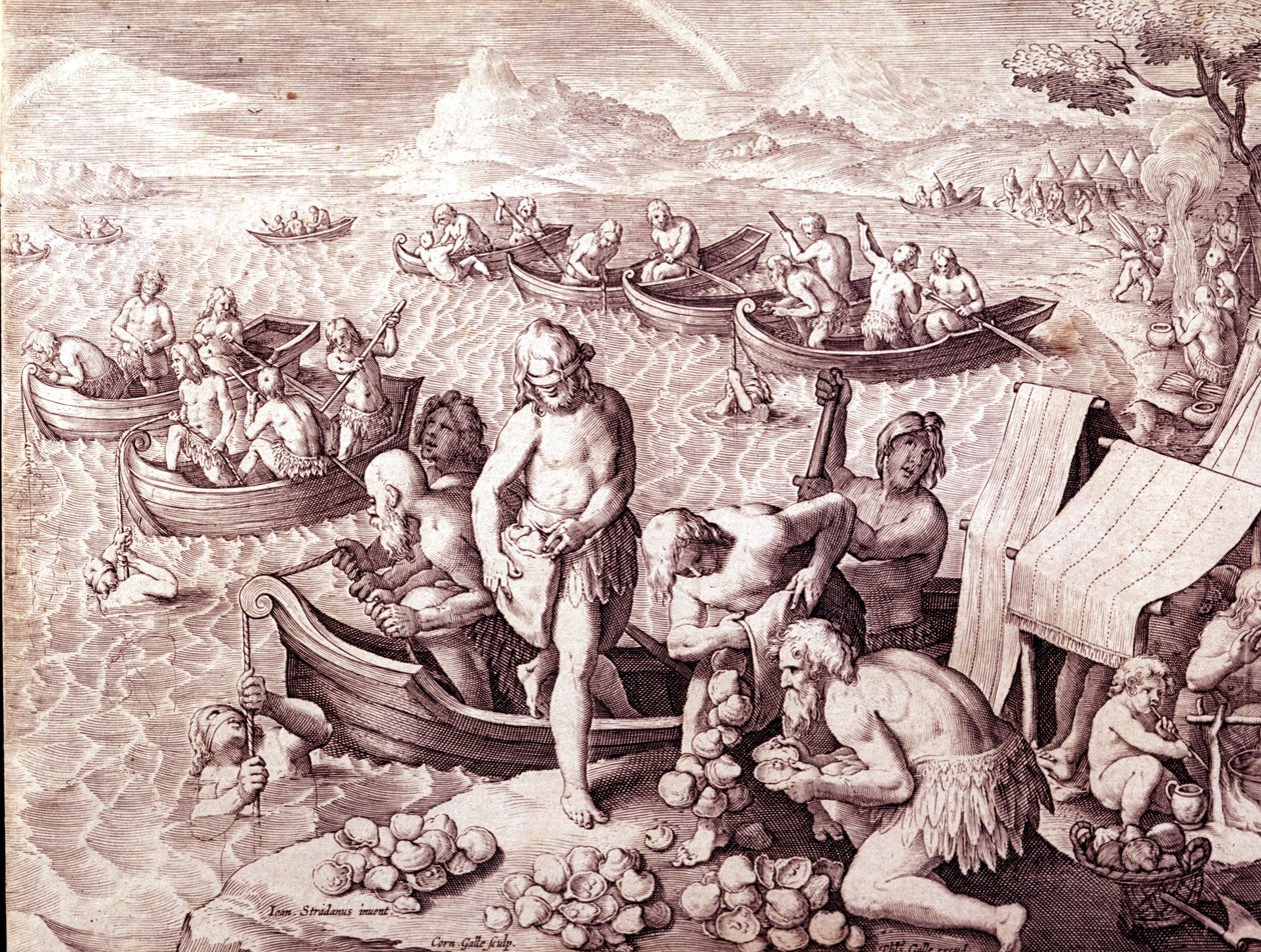 牡蛎钓鱼。 17世纪。 Giovanni Stradano (Jan Van Der Straet) (Johannes Stradanus) (1523-1605) 的雕刻。 作者 扬·范德·斯特雷特