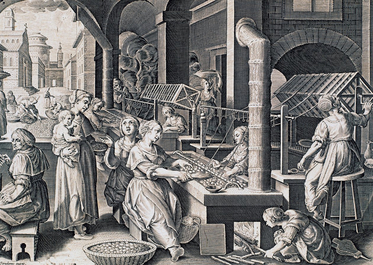 Vermis sericus，妇女纺丝和用火加热蚕，雕刻由意大利 Stradanus（1523-1605） 作者 扬·范德·斯特雷特