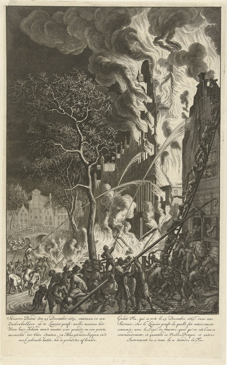 1669 年阿姆斯特丹劳里埃港的火灾
Swaaren brand den 29 december 1669. ontstaan in een zuikerbakkery, op de Laurier graft (...) / Grand feu, qui se prit le 29 decembre 1669. dans une sucrerie, sur le Laurier graft (...) （标题见实物） 作者 扬·范德海登（归因于）