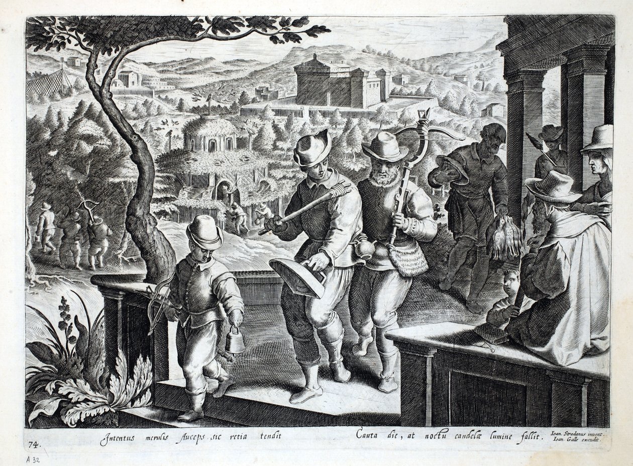 Birdcatchers外出捕捉黑鸟，插图来自&39;Venationes，Ferarum，Avium，Piscium&39;（狩猎：野兽，鸟类，鱼类），由Jan Collaert（1566-1628），酒吧雕刻。菲利普斯加尔 作者 扬·范德·斯特雷特