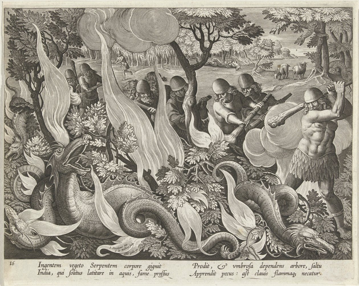 在印度用棍棒和火把照亮灌木丛中的蛇，出版。1640年版画。 作者 扬·范德·斯特雷特