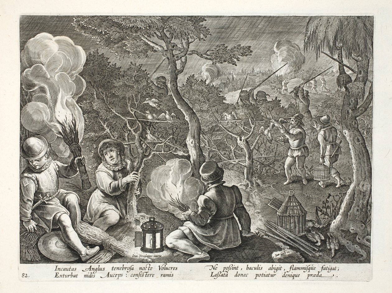 Fowlers在晚上捕捉鸟类，插图来自&39;Venationes，Ferarum，Avium，Piscium&39;（狩猎：野兽，鸟类，鱼类），由Jan Collaert（1566-1628）雕刻，酒吧。作者：菲利普斯加拉乌斯，阿姆斯特丹 作者 扬·范德·斯特雷特
