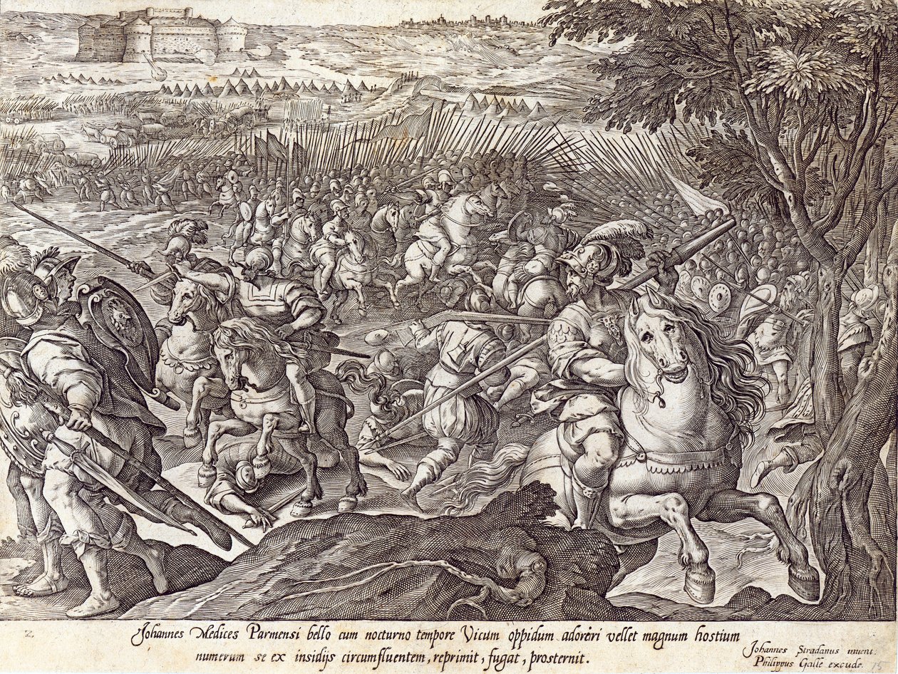 Giovanni de&39;Medici在帕尔马（Parma）击败，由“美第奇历史”（The History of the Medici）拍摄，由Philip Galle（1537-1612）雕刻，c.1583 作者 扬·范德·斯特雷特