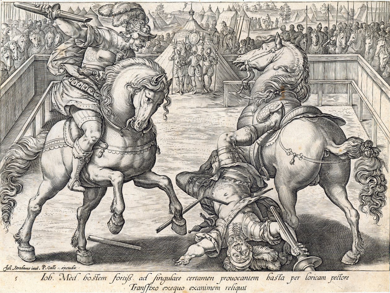 Giovanni de&39;Medici在决斗中杀死一名对手，从“美第奇历史”中获得第5盘，由Philip Galle（1537-1612）雕刻，第1583页 作者 扬·范德·斯特雷特