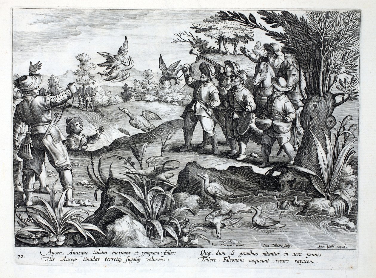 猎人使用猎鹰捕猎鹅，插图来自&39;Venationes，Ferarum，Avium，Piscium&39;（狩猎：野兽，鸟类，鱼类），由Jan Collaert（1566-1628）雕刻，酒吧。作者：Phillipus Gallaeus，A 作者 扬·范德·斯特雷特