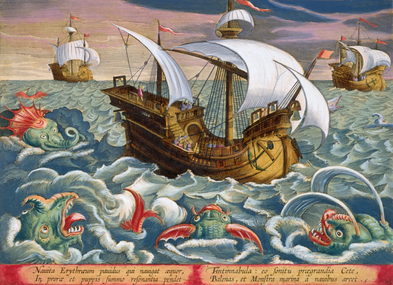 狩猎海生物，来自阿姆斯特丹Phillipus Gallaeus出版的Jan Collaert（1566-1628）雕刻的&39;Venationes Ferarum，Avium，Piscium&39;（狩猎：野兽，鸟类，鱼类）84号板块 作者 扬·范德·斯特雷特