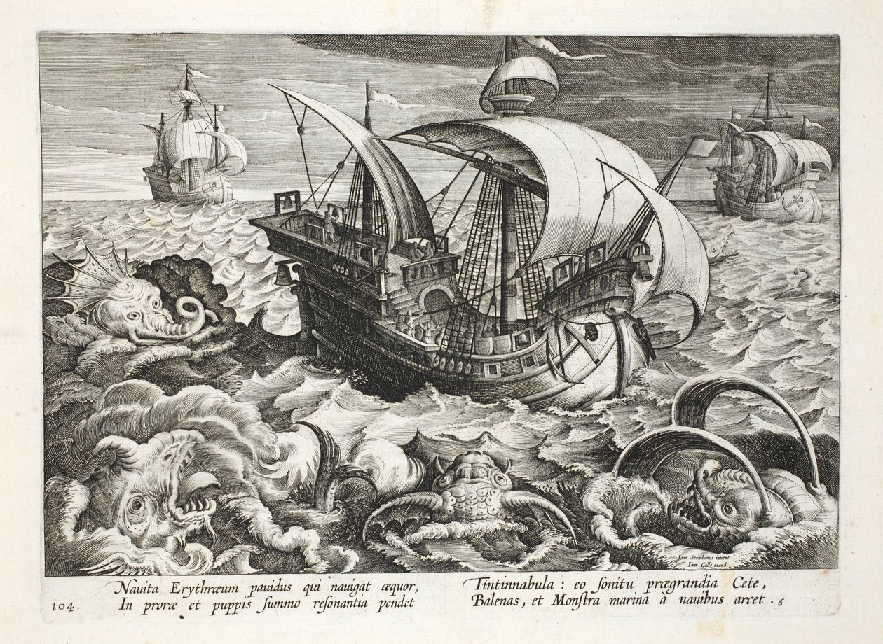 狩猎海生物，板84，插图来自&39;Venationes，Ferarum，Avium，Piscium&39;（狩猎：野兽，鸟类，鱼类），由Jan Collaert（1566-1628）雕刻，酒吧。作者：菲利普斯加拉乌斯，阿姆斯特丹 作者 扬·范德·斯特雷特