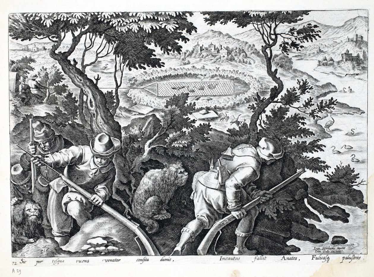 狩猎鸭子，插图来自&39;Venationes，Ferarum，Avium，Piscium&39;（狩猎：野兽，鸟类，鱼类），由Jan Collaert（1566-1628）雕刻，酒吧。作者：菲利普斯加拉乌斯，阿姆斯特丹（engravin 作者 扬·范德·斯特雷特