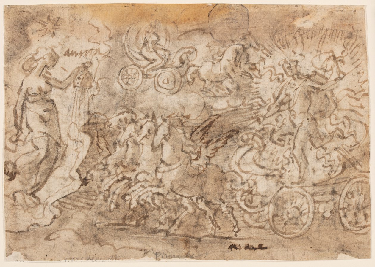 素描本页面；阿波罗与极光 作者 扬·范德斯特雷特（Jan van der Straet），又名斯特拉达努斯