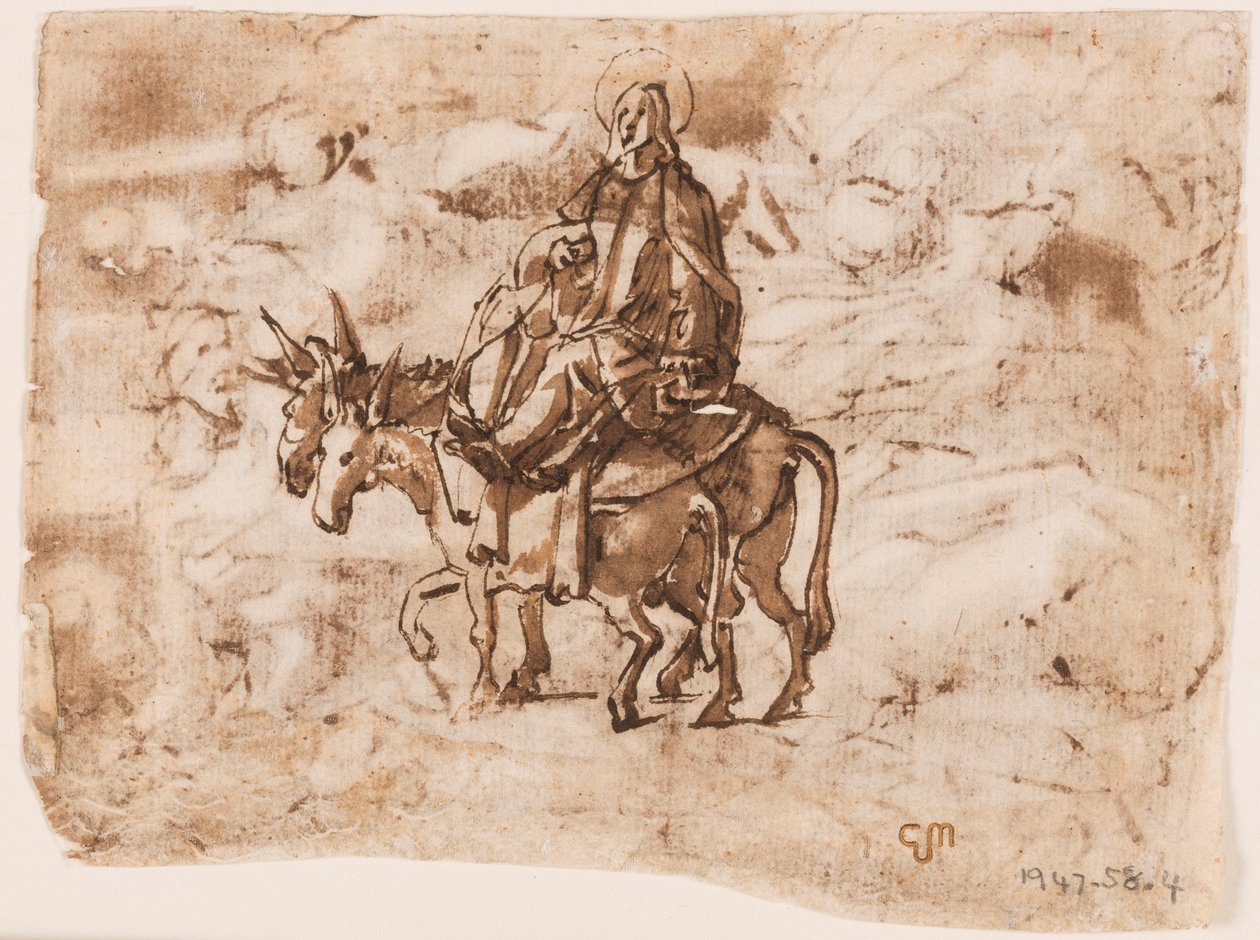 素描簿的一页; 逃亡埃及; 十字架 作者 扬·范德斯特雷特（Jan van der Straet），又名斯特拉达努斯