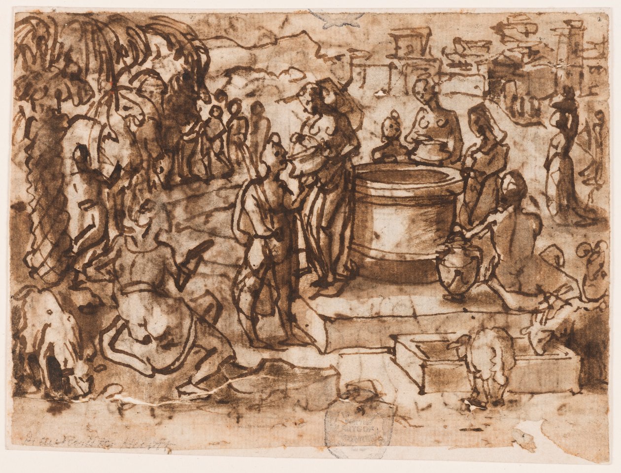 素描本的一页；摩西和叶忒罗的女儿们 作者 扬·范德斯特雷特（Jan van der Straet），又名斯特拉达努斯