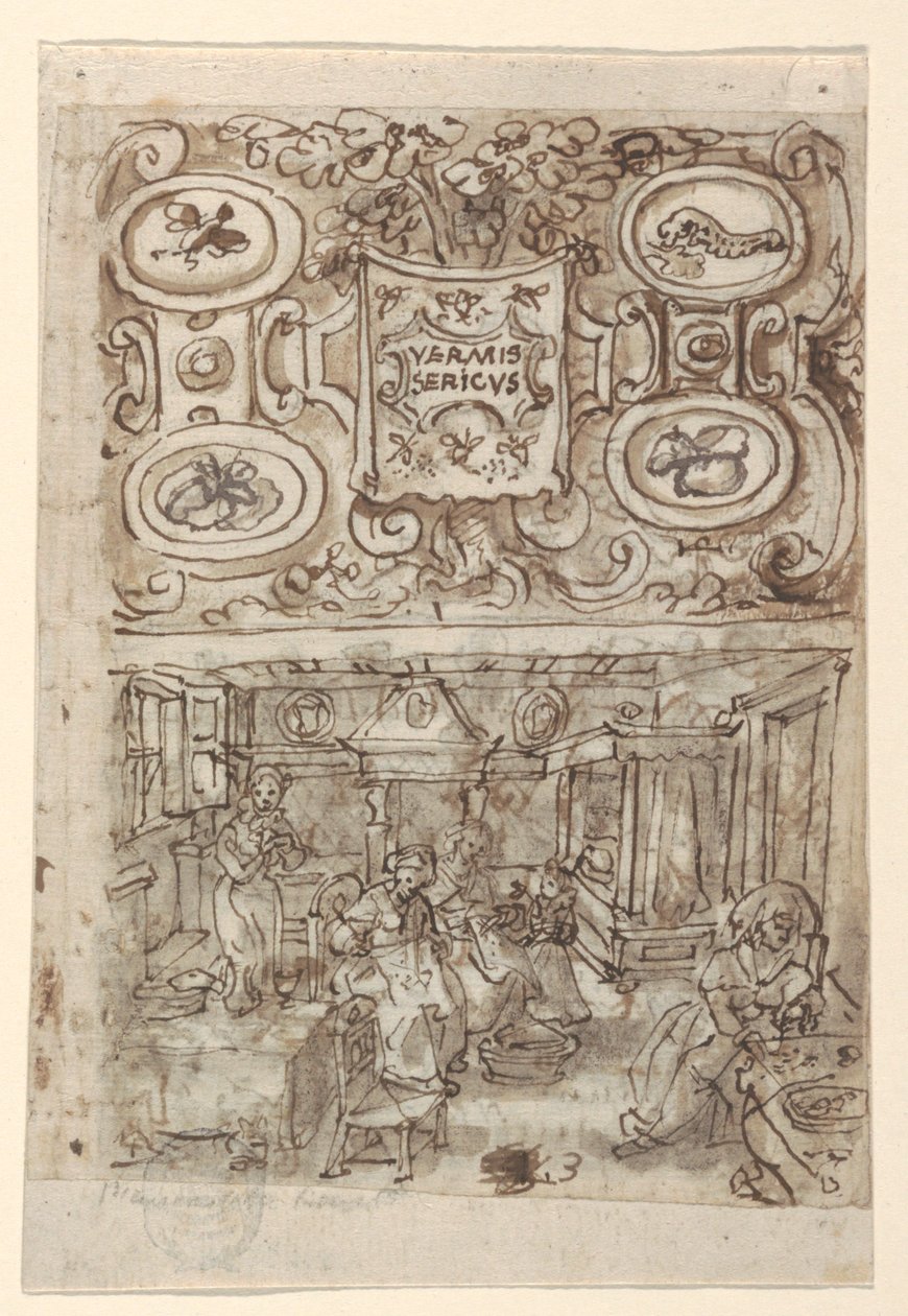 正面，上图：Vermis Sericus（"蚕的介绍"）印刷系列扉页的初步设计；右图，下图：pl.3（蚕卵的孵化）的初步设计；背面，上图：不完整的《蚕》扉页初步设计 作者 扬·范德斯特雷特（Jan van der Straet），又名斯特拉达努斯