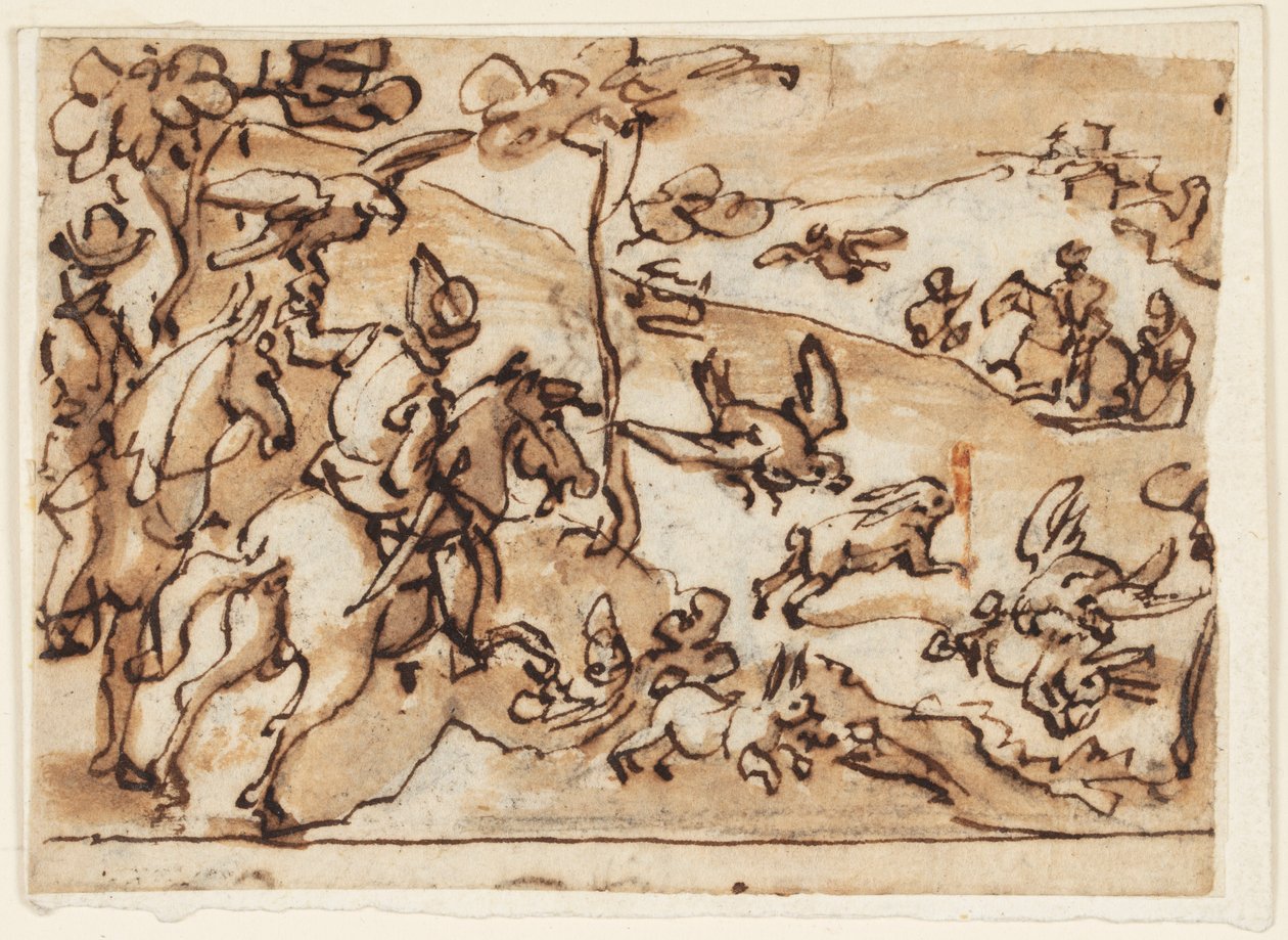 带有猎兔和猎鹰的素描页 作者 扬·范德斯特雷特（Jan van der Straet），又名斯特拉达努斯