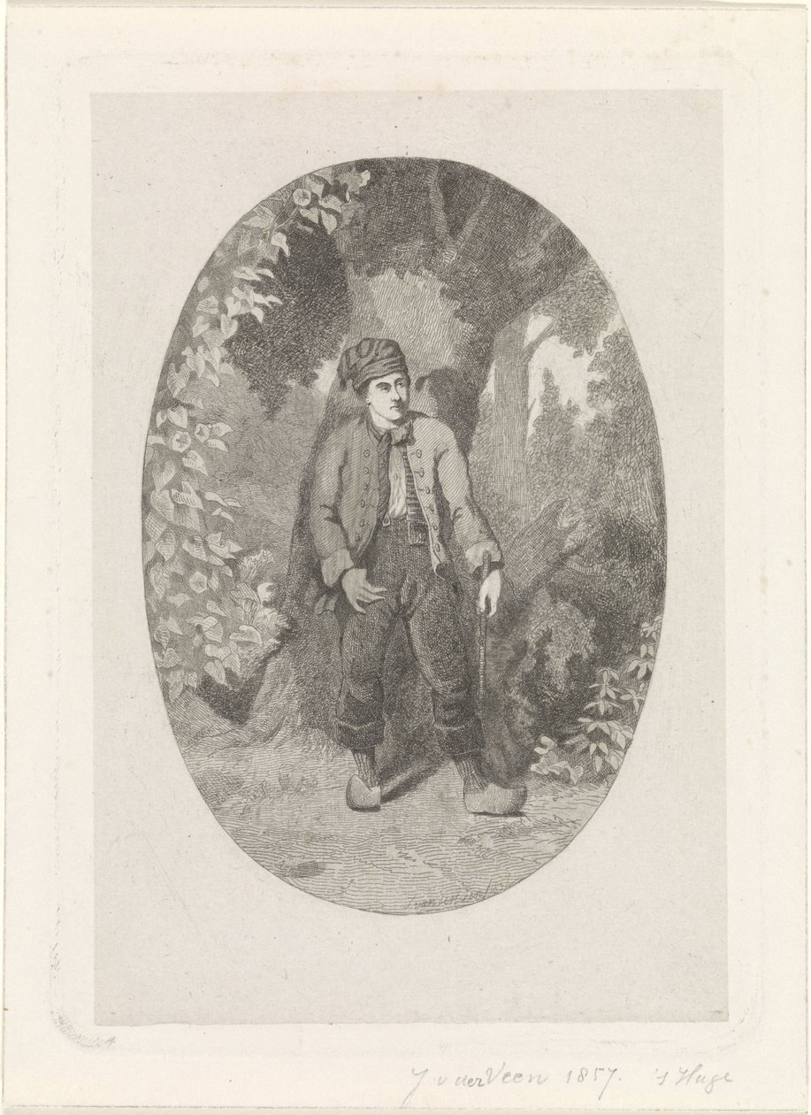 森林中树旁的男子 作者 Jan van der Veen (版画家)