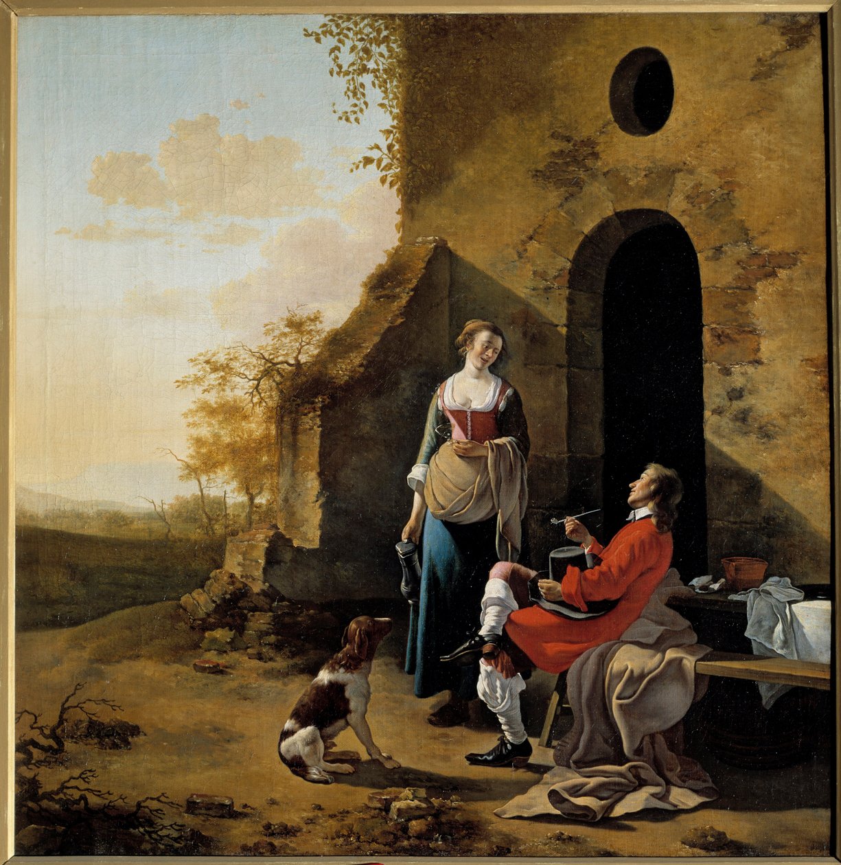 旅馆门口的英勇交谈 Jan Van der Meer（1630-1692）的绘画 作者 老詹·范德米尔