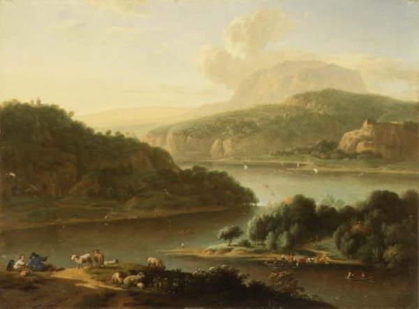 河流景观，前景是牧羊人和农妇 作者 扬·范德（Jan van der the Younger Meer）