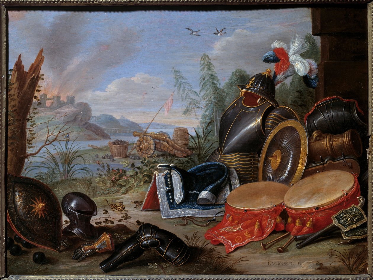 武器奖杯。 Jan I Kessel The Old (1626-1679) Ec. 的绘画 火焰。 作者 凯瑟尔长老范