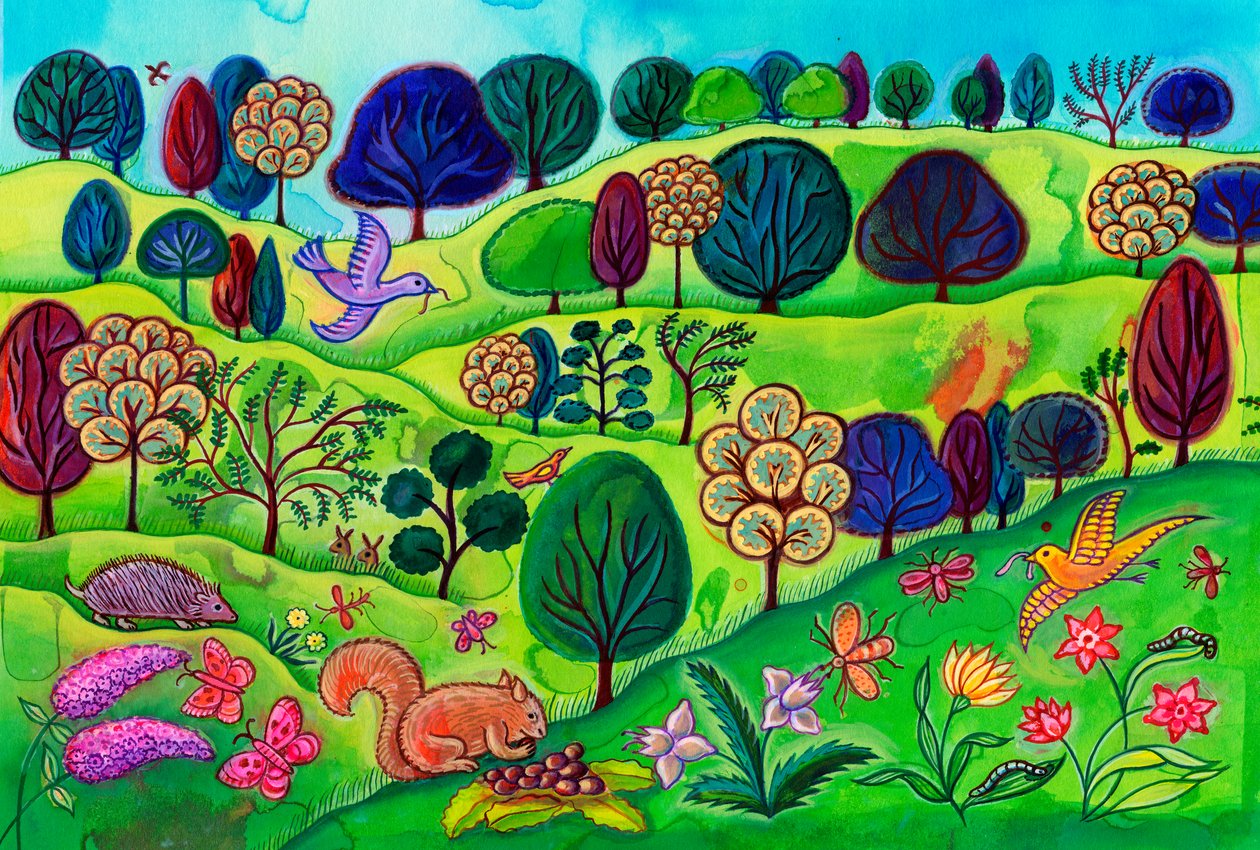 有松鼠的乡村风景，2002年（绘画） 作者 简·塔特斯菲尔德