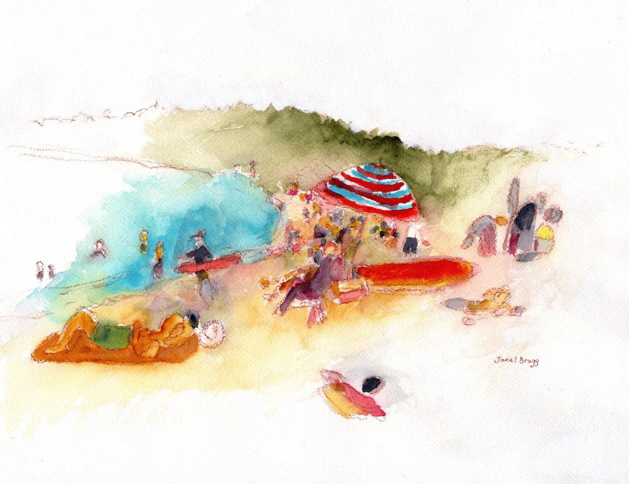 哈纳雷湾的海滩日光浴者和冲浪者，约 2019 年（纸上水彩和铅笔） 作者 贾内尔·布拉格