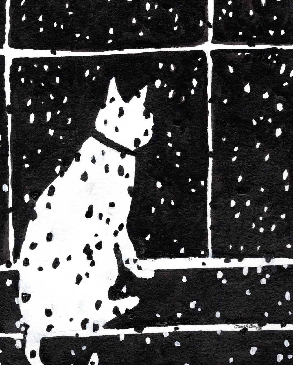 窗外暴风雪中的猫，约 2019 年（纸本水墨画） 作者 贾内尔·布拉格