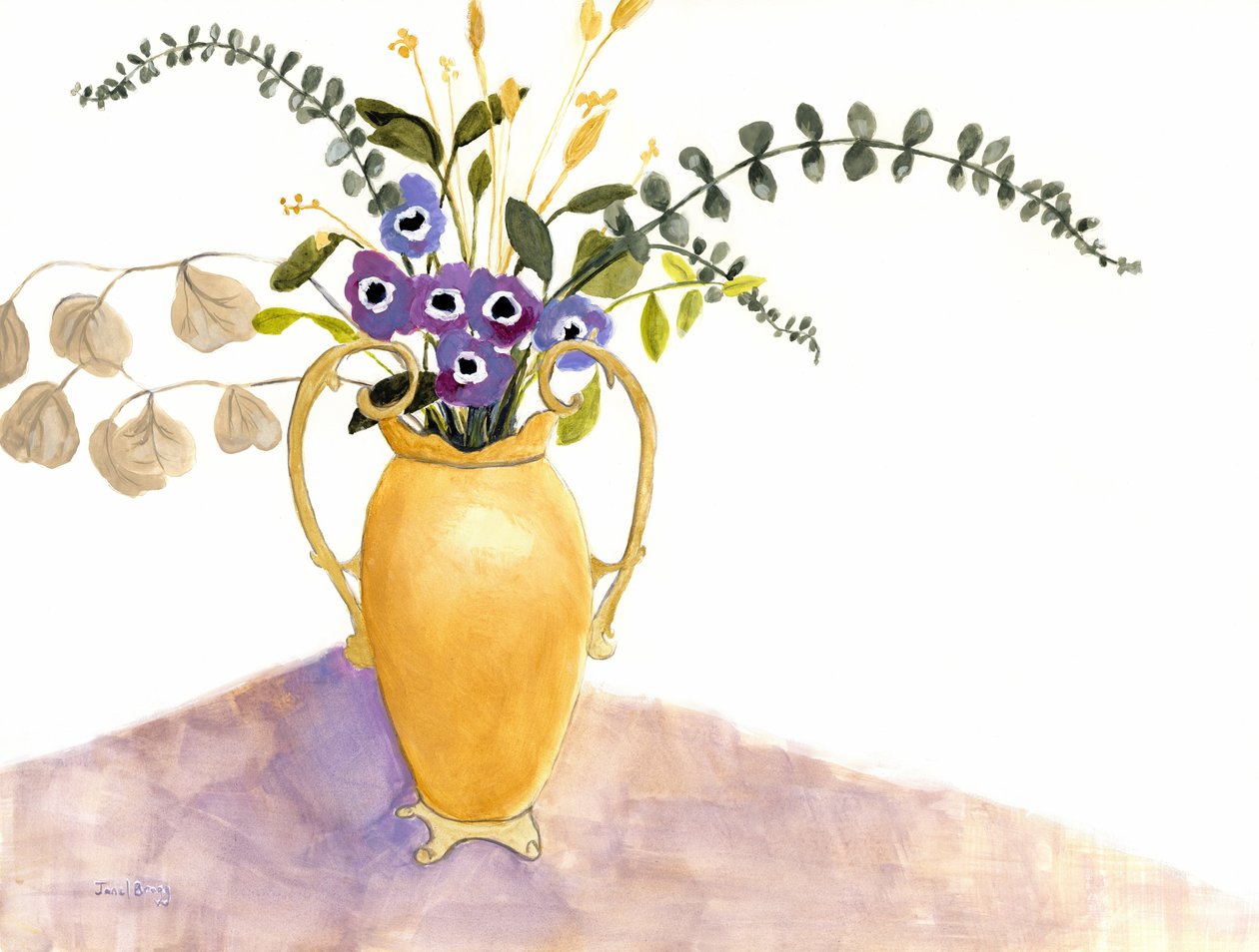 有紫花和英国花瓶的静物，约 2024 年（纸本水彩画） 作者 贾内尔·布拉格